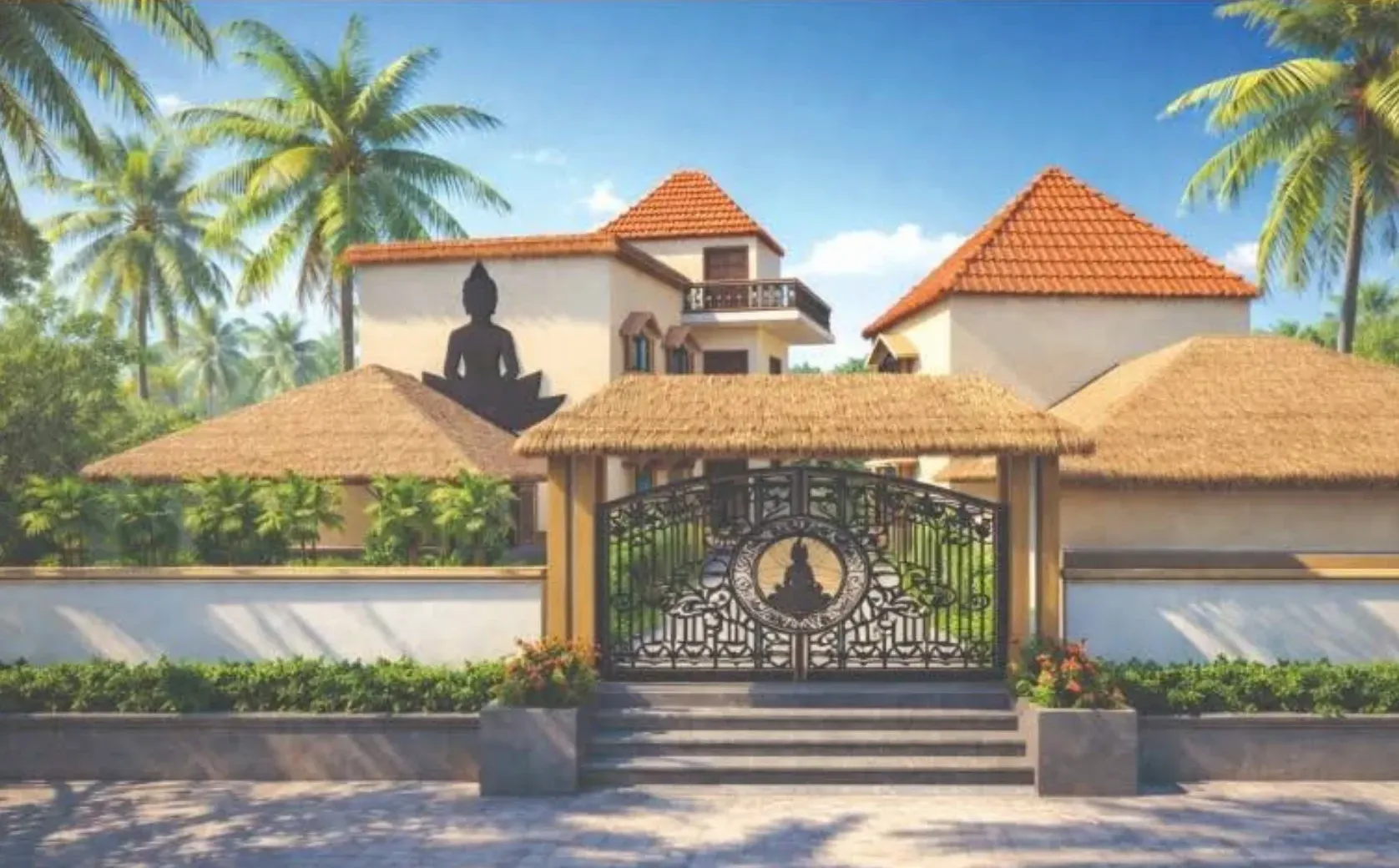 Drawing of the planned ashram: white buildings with tiled and thatched roofs behind a low wall, a dark meditating figure painted on one wall, an iron gate with steps up to it, and coconut palms all around.